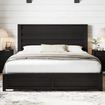 Farmhouse King Size Bed Frame with 49" Fluted Headboard, Wood Platform Bed with Natural Grain, No Box Spring Needed/Nois
