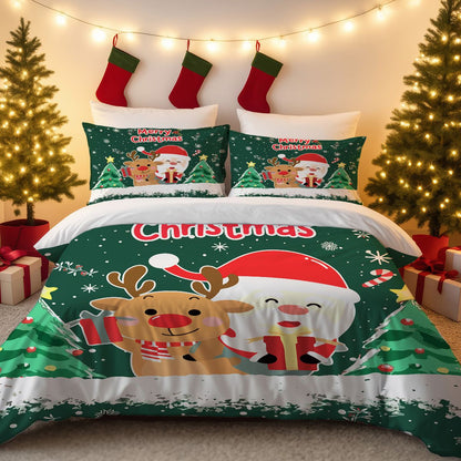 3pcs Santa Claus Christmas Tree Print Coreless Duvet Set Bedroom Dormitory Bedding Decoration Comfortable Machine Washable