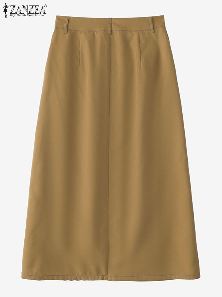 ZANZEA Women Plus Size Skirts High Waist Denim Striped Long Skirt Casual Vintage Big Size Skirt Summer Pockets Fashion Bottoms