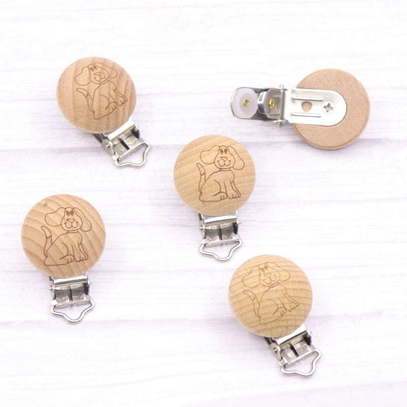 5pcs 30mm Laser Patern Metal Steel Round Beech Wood Clips Baby Teethers Toys Pacifier Chain Holder Making