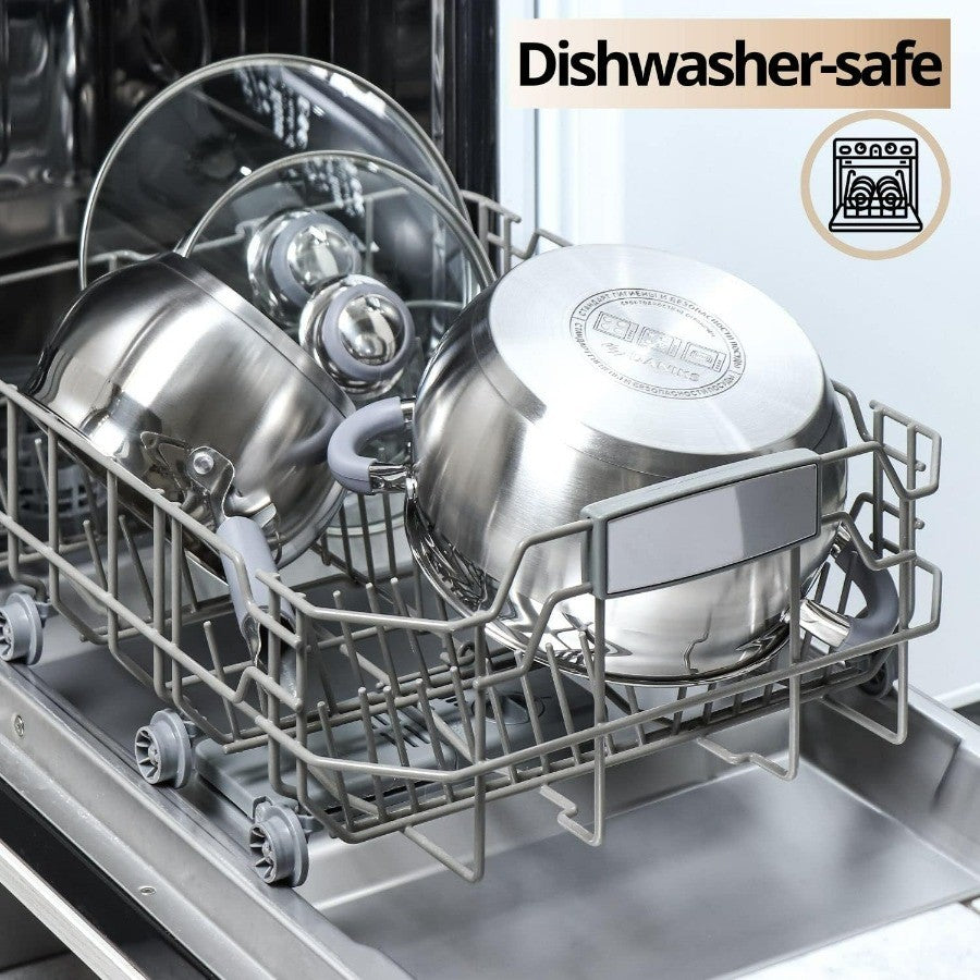 Modern 10-Piece Stainless Steel Induction Cookware Set – Dishwasher Safe Saucepan, Pots with Heatproof Handles, Glass Lids, Silv