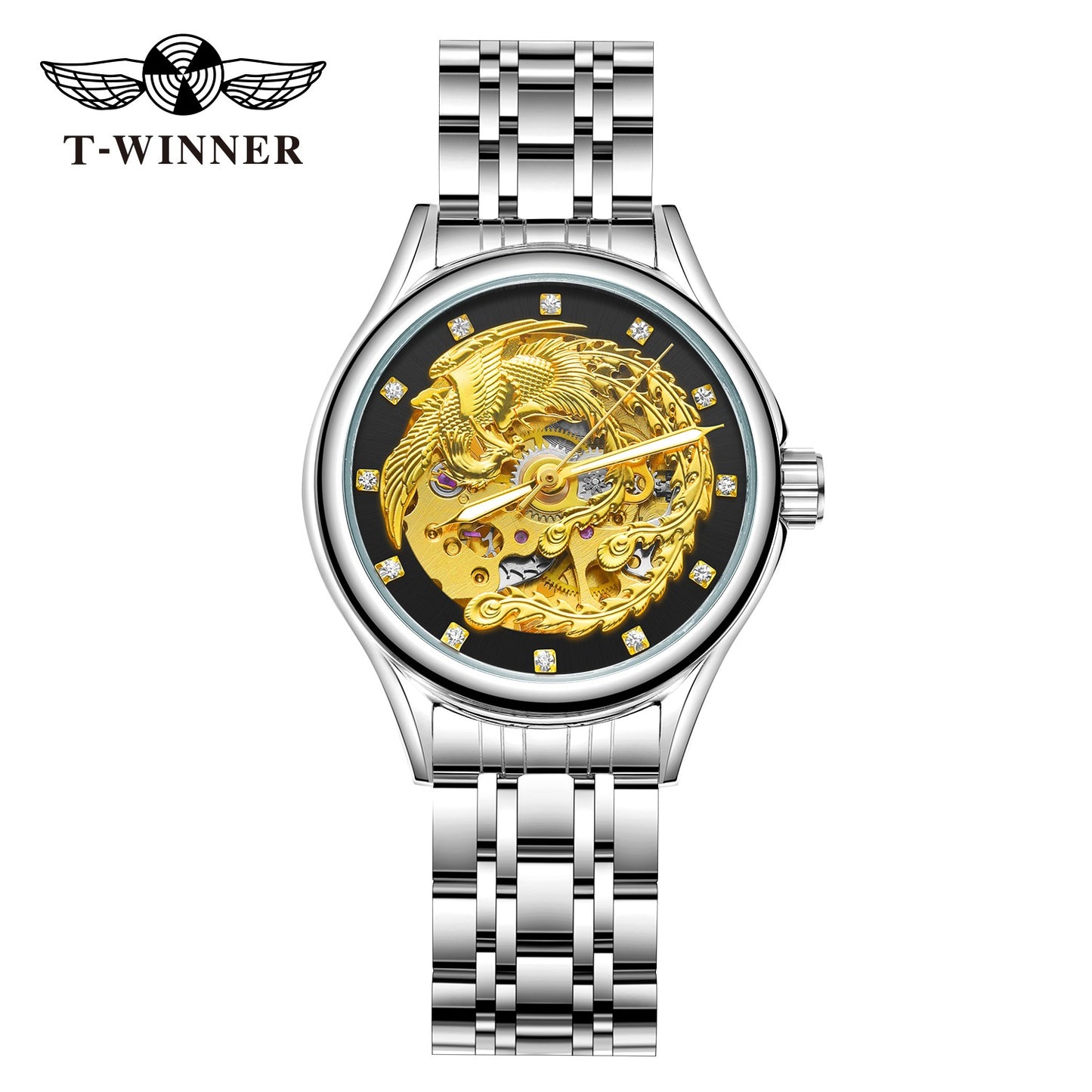 2024 Diamond Steel Skeleton Dial Golden Phoenix Women Fashion Automatic Watch Luxury Waterproof Mechanical Girl Wrist Lady Clock