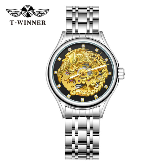 2024 Diamond Steel Skeleton Dial Golden Phoenix Women Fashion Automatic Watch Luxury Waterproof Mechanical Girl Wrist Lady Clock