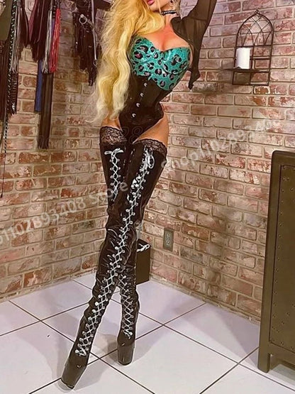 Black Front Lace-up Thigh High Boots Platform Shiny Leather Stilettos High Heel Sexy Women Shoes 2025 Spring Zapatos Para Mujere