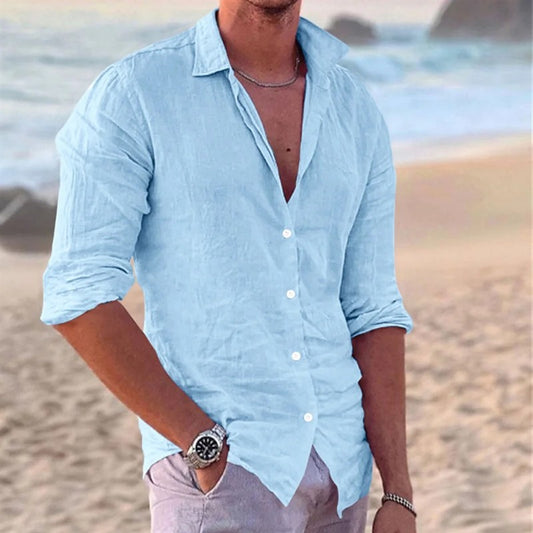 New Men's Cotton and Linen Long Sleeve Shirt Fashion Casual Lapel Beach Shirt Solid Color Hawaiian Vacation Shirt