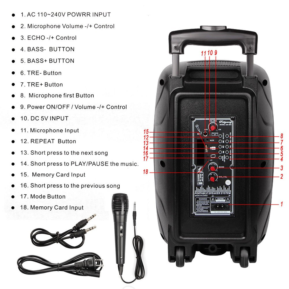 Caixa de Som Portátil Bluetooth Sem Fio 3000 Watts para Festas com Microfone e Controle Remoto, Subwoofer de 8 polegadas, Áudio Grande de Alta Qualidade