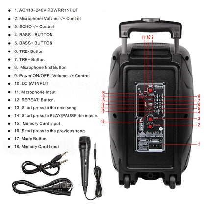 Caixa de Som Portátil Bluetooth Sem Fio 3000 Watts para Festas com Microfone e Controle Remoto, Subwoofer de 8 polegadas, Áudio Grande de Alta Qualidade