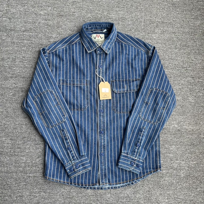 Spring New American Retro Heavyweight Denim Cargo Striped Shirt Men's Simple 100% Cotton Washed Old Casual Blouses Thin Jacket