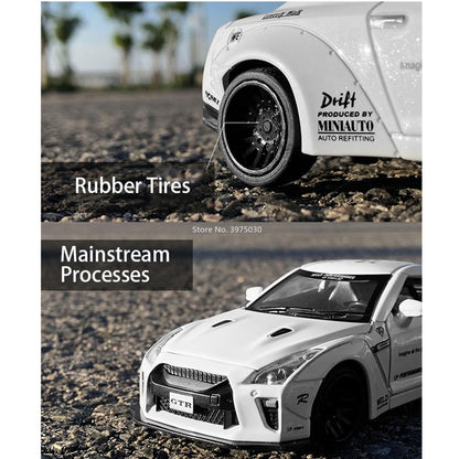 1/32 Escala Liga Fundida Nissan GTR Carro Esportivo Modelo Brinquedo Portas Abertas Fricção Som Música Veículo em Miniatura Presentes para Crianças Coleção