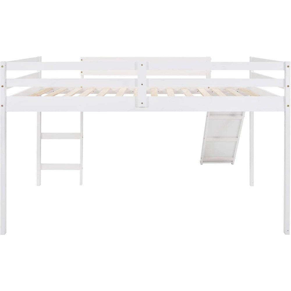 Cama Loft Completa com Escorregador, Cama Loft Baixa com Escada e Grade de Segurança, Estrutura de Cama Loft Completa de Madeira para Crianças, Adolescentes, Meninas e Meninos