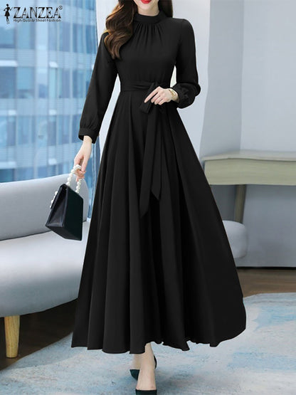 ZANZEA Women Long Sleeve A-line Sundress Spring Long Dress Autumn Solid Party Holiday Maxi Dresses Vestidos Femme Vintage Robe
