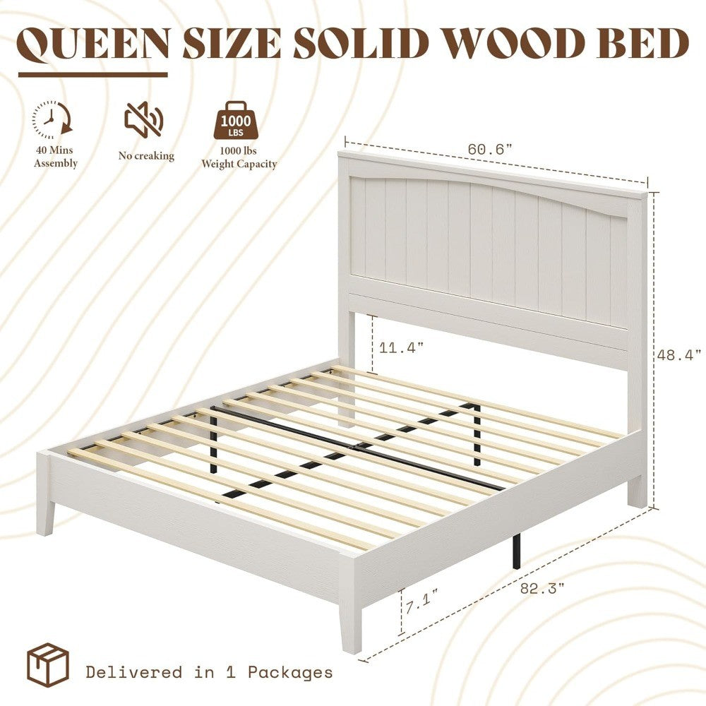 Solid Wood Bed Frame with 48 Headboard, Mid-Century Modern Platform Bed with Durable Wooden Slats, No Box Spring Needed