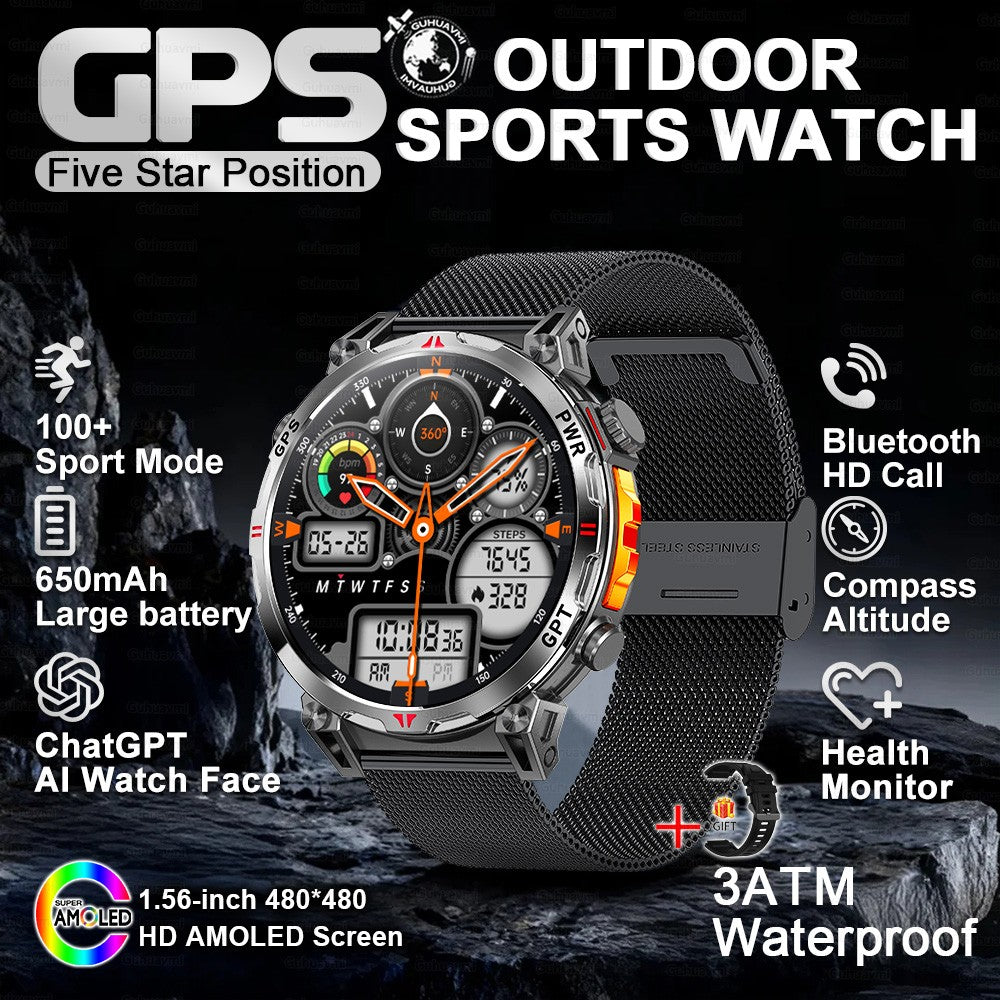 2025 Novo Relógio Inteligente Militar GPS para Exteriores Masculino 650mAh Bússola Altímetro 10ATM à Prova D'água Frequência Cardíaca Chamada Esportiva Smartwatch