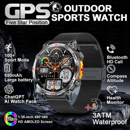 2025 Novo Relógio Inteligente Militar GPS para Exteriores Masculino 650mAh Bússola Altímetro 10ATM à Prova D'água Frequência Cardíaca Chamada Esportiva Smartwatch