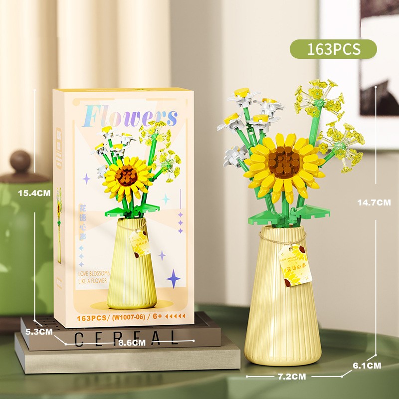 Flower Bouquet Building Blocks with Vase DIY Rose Sunflower Mini Bricks for Kids Birthday Party Favors Girls Gift Desktop Decor