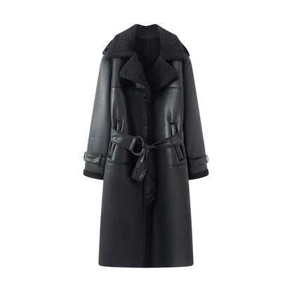 Women's Coat 2025 Autumn New Style Black Long-Sleeve Leather and Fur Integrated Coat with Belt High-End Outerwear Elegant