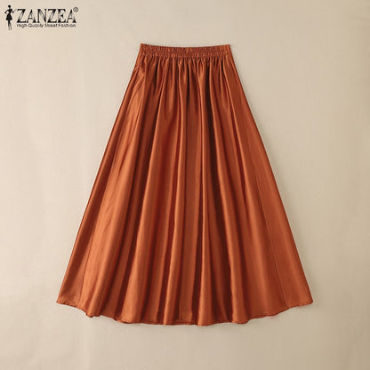 2025 Stylish Autumn High Waist Party Satin Skirts ZANZEA Women Jupe Plus Size Solid A-line OL Work Faldas Saia Maxi Long Skirt