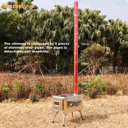 Fogão a Lenha Dobrável para Acampamento, Aquecedor de Tenda Portátil com Chaminé Destacável de 5 Seções, Queimador de Lenha para Pesca no Gelo, Para Cozinhar e Churrasco ao Ar Livre