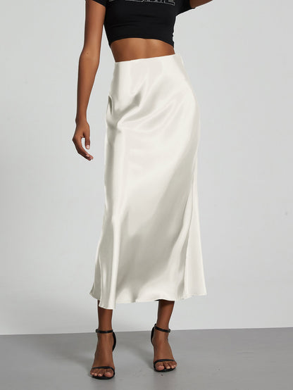 Fashion Satin Party Long Skirt High Waist Solid Color Casual Basic Women Skirts