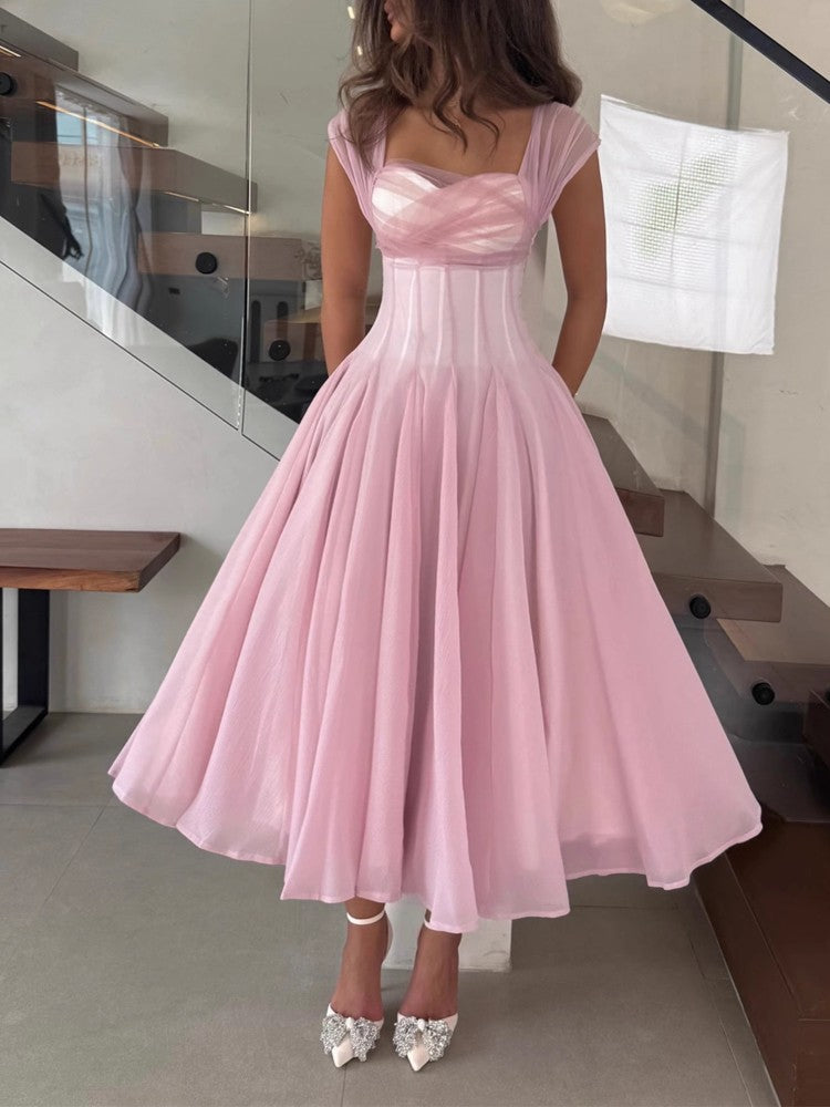 Women Fashion Backless High Waisted Ball Dress Elegant Christmas Party Long Dresses 2025 Sexy Square Neck Sleeveless Mesh Dress