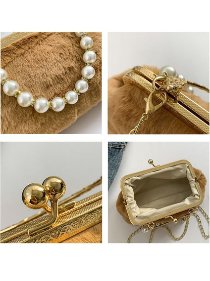 New suede pearl fashionable handbag small shoulder bag,metal handle highlights noble temperament,pearl chain adds elegant charm