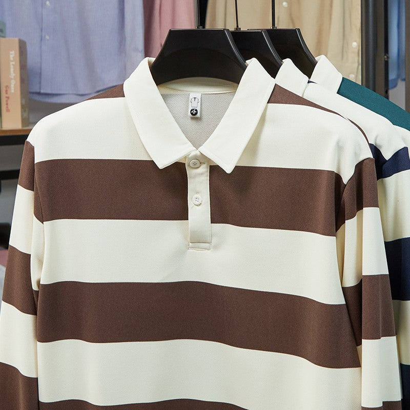 2025 Men's New Striped Long Sleeved Polo Shirt Casual Fashion Autumn Winter Versatile Top