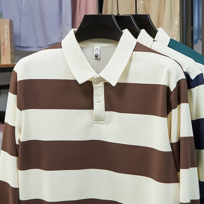 2025 Men's New Striped Long Sleeved Polo Shirt Casual Fashion Autumn Winter Versatile Top