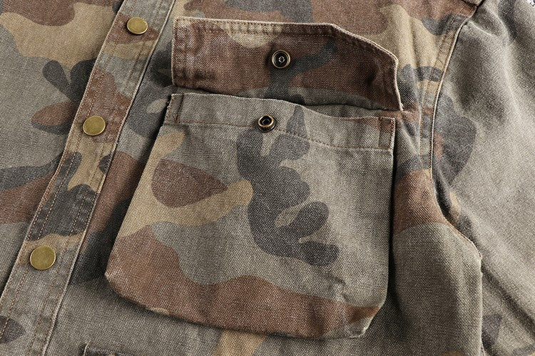 2024 Autumn New American Retro Woven Camouflage Cargo Shirt Men's Fashion 100% Cotton Washed Multi-pocket Casual Thin Jacket