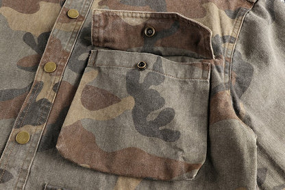 2024 Autumn New American Retro Woven Camouflage Cargo Shirt Men's Fashion 100% Cotton Washed Multi-pocket Casual Thin Jacket