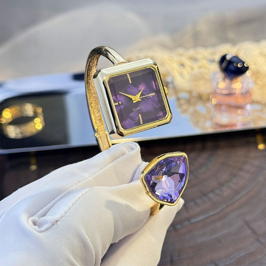 New Ladies Open Bracelet Watch Assorted Shaped Diamond Color Gemstone High-End Quartz Wristwatch Lazy Person's Stylish Timepiece