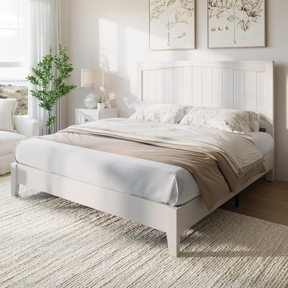 Solid Wood Bed Frame with 48 Headboard, Mid-Century Modern Platform Bed with Durable Wooden Slats, No Box Spring Needed