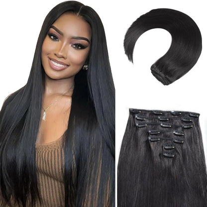 Extensões de Cabelo Sintéticas Pretas Lisas de 22 Polegadas de Comprimento 130g 7 Peças com Presilhas