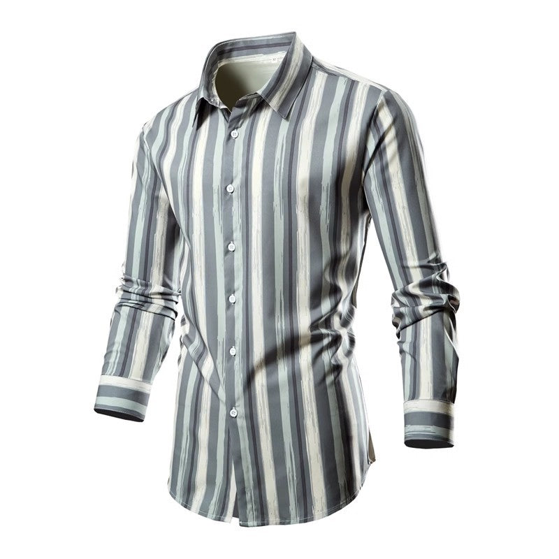 Men's White Vertical Stripe Long Sleeve Shirts, Single Breasted Lapel Shirt, Blue Gray Red Khaki Available, European Size S-XXL