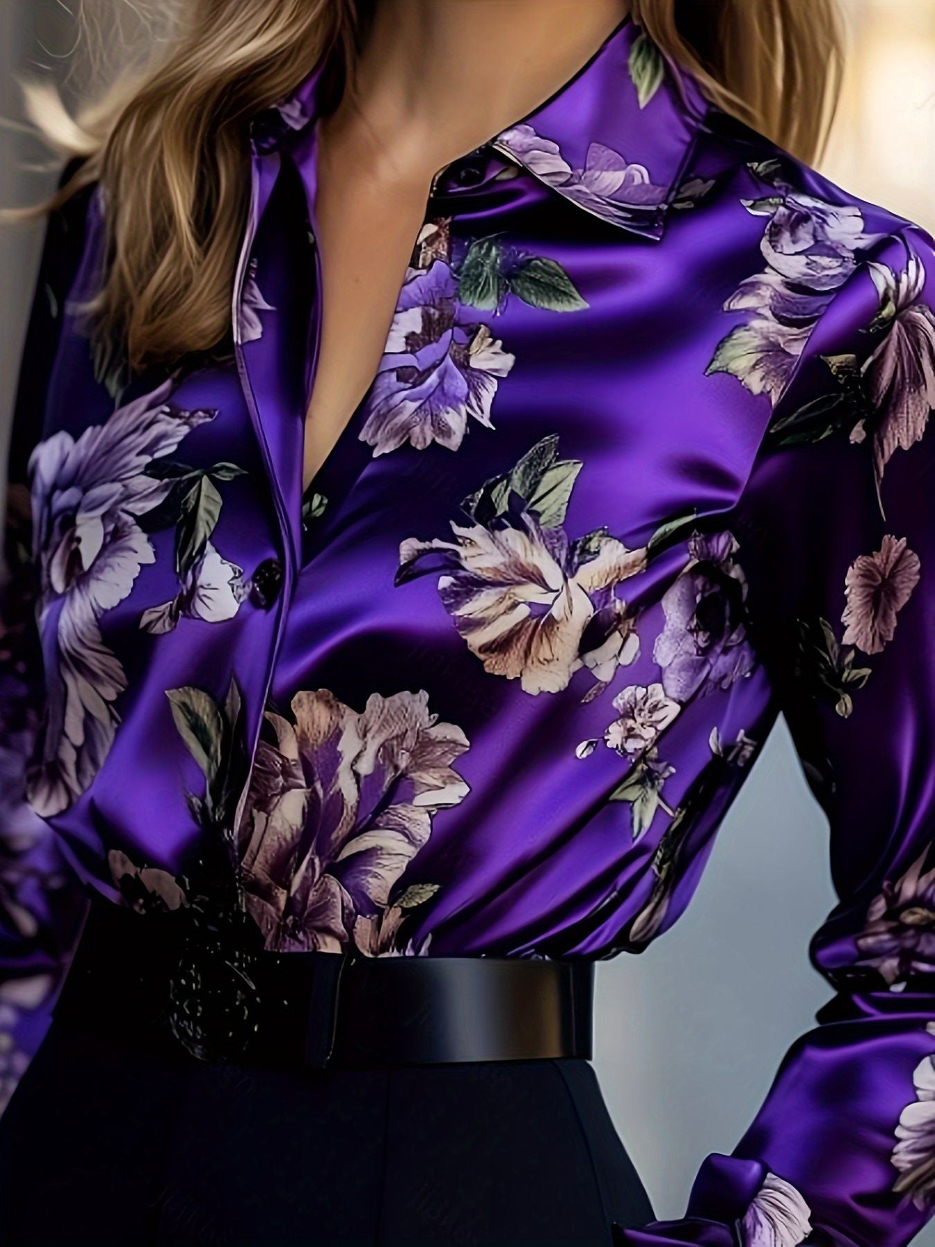 Elegant Intellectual Women's Satin Floral Print Shirt | Soft & Smooth V-Neck Long-Sleeve Button Formal Top for Spring
