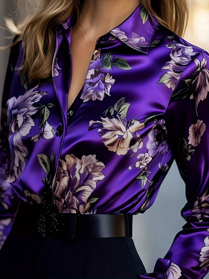 Elegant Intellectual Women's Satin Floral Print Shirt | Soft & Smooth V-Neck Long-Sleeve Button Formal Top for Spring