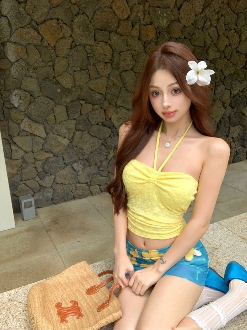 French Drawstring Blue Floral Tube Top Women Separate Swimwear Set Coastal Summer Vacation Beach Holiday Swimsuit for Girl