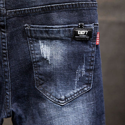 American Elastic Straight Jeans Men Ripped Worn-out Slim-fit Cotton Denim Pants Korean Style Fashion Blue Black Men's Clothing
