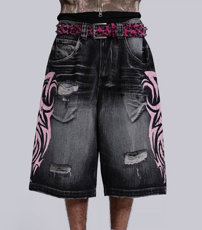 Y2K New Popular Denim Shorts Patch Vintage Shorts Men Women Street Hip Hop Fashion Harajuku Punk Loose High Waist Wide Leg Pants
