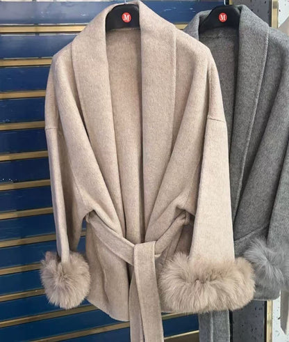 UCXQ Casaco Feminino Elegante OL para Escritório com Retalhos de Pelo Manga Comprida Lã Jaqueta de Roupa Feminina Bonita Outono Inverno 2025