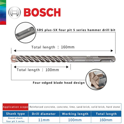 BOSCH Broca para Concreto e Madeira para Martelo Elétrico de Quatro Furos e Duas Ranhuras, de Duas Pontas, Série 5, com Haste Redonda