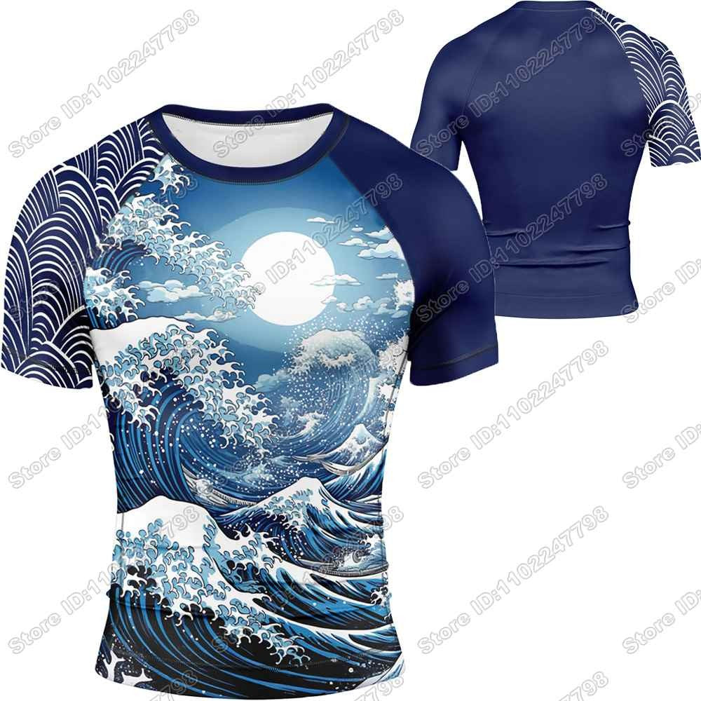 2025 The Great Wave Rash Guard Jiu Jitsu BJJ MMA T-shirt Compression Shirt Short Sleeve Surfing Jersey GYM Fitness Jersey Beach