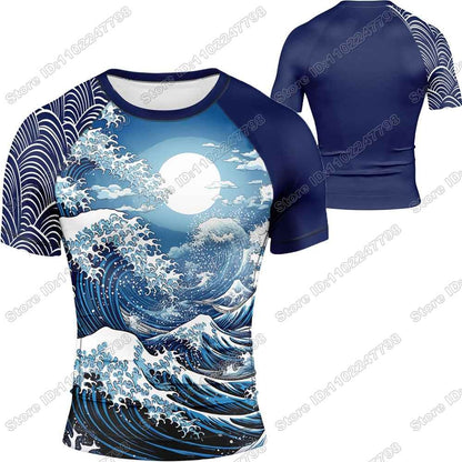 2025 The Great Wave Rash Guard Jiu Jitsu BJJ MMA T-shirt Compression Shirt Short Sleeve Surfing Jersey GYM Fitness Jersey Beach