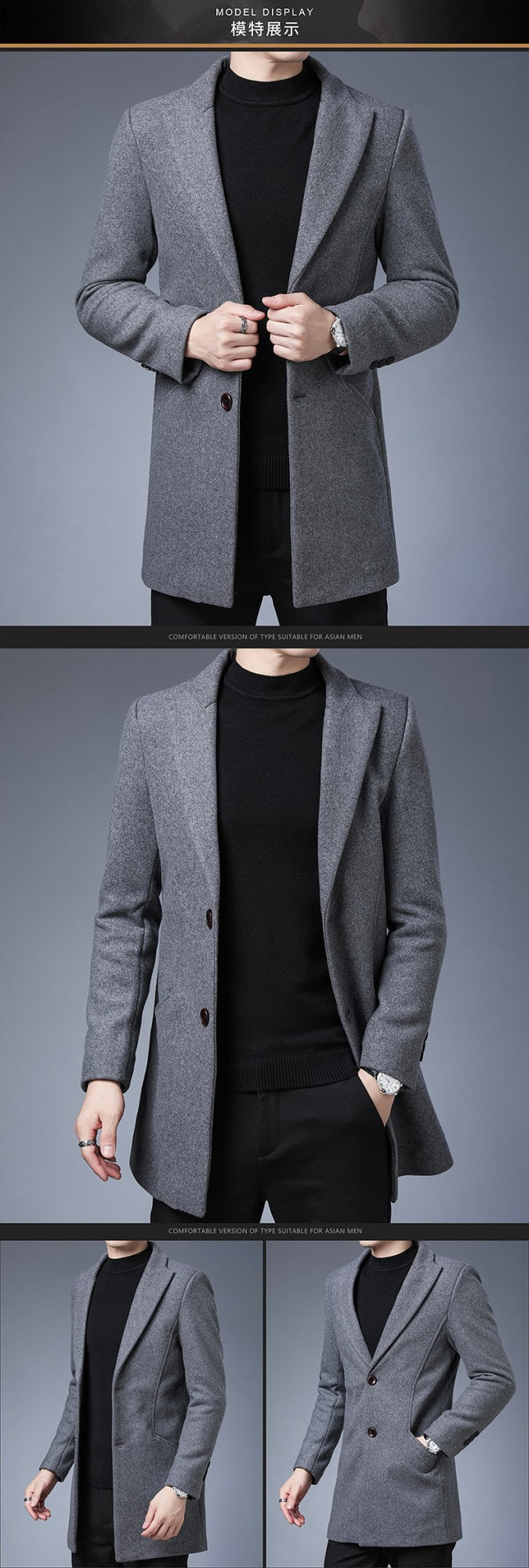 Men's Wool Blend Overcoat - Mid-Length Business Trench Coat with Notch Lapel (Tailored Contemporary Fit)