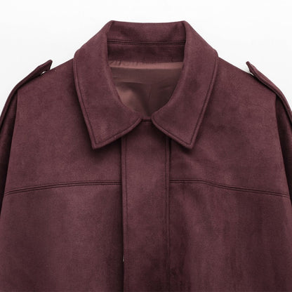 HXAO Women's Bomber Jacket Lapel Long Sleeve Zipper Suede Jacket Women 2025 High Street Cropped Racing Jackets Coats Outerwears