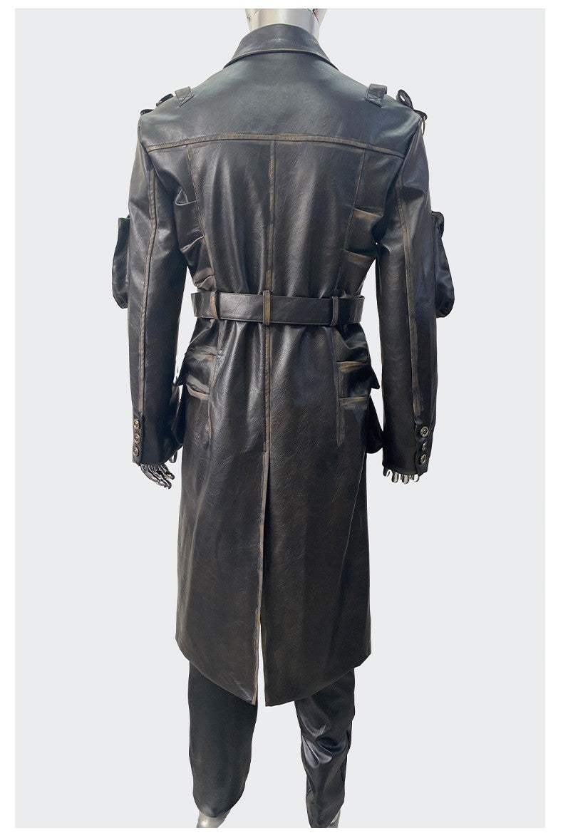 Nerazzurri Spring Autumn Cool Long Waterproof Distressed Black Pu Leather Trench Coat Men Belt Pockets Luxury Designer Clothes