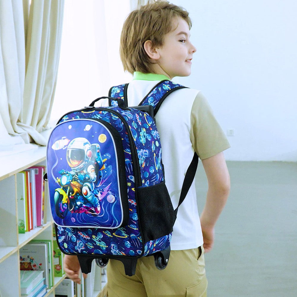 3PCS Rolling Backpack for Girls and Boys, Kids astronaut Wheeled Bookbag