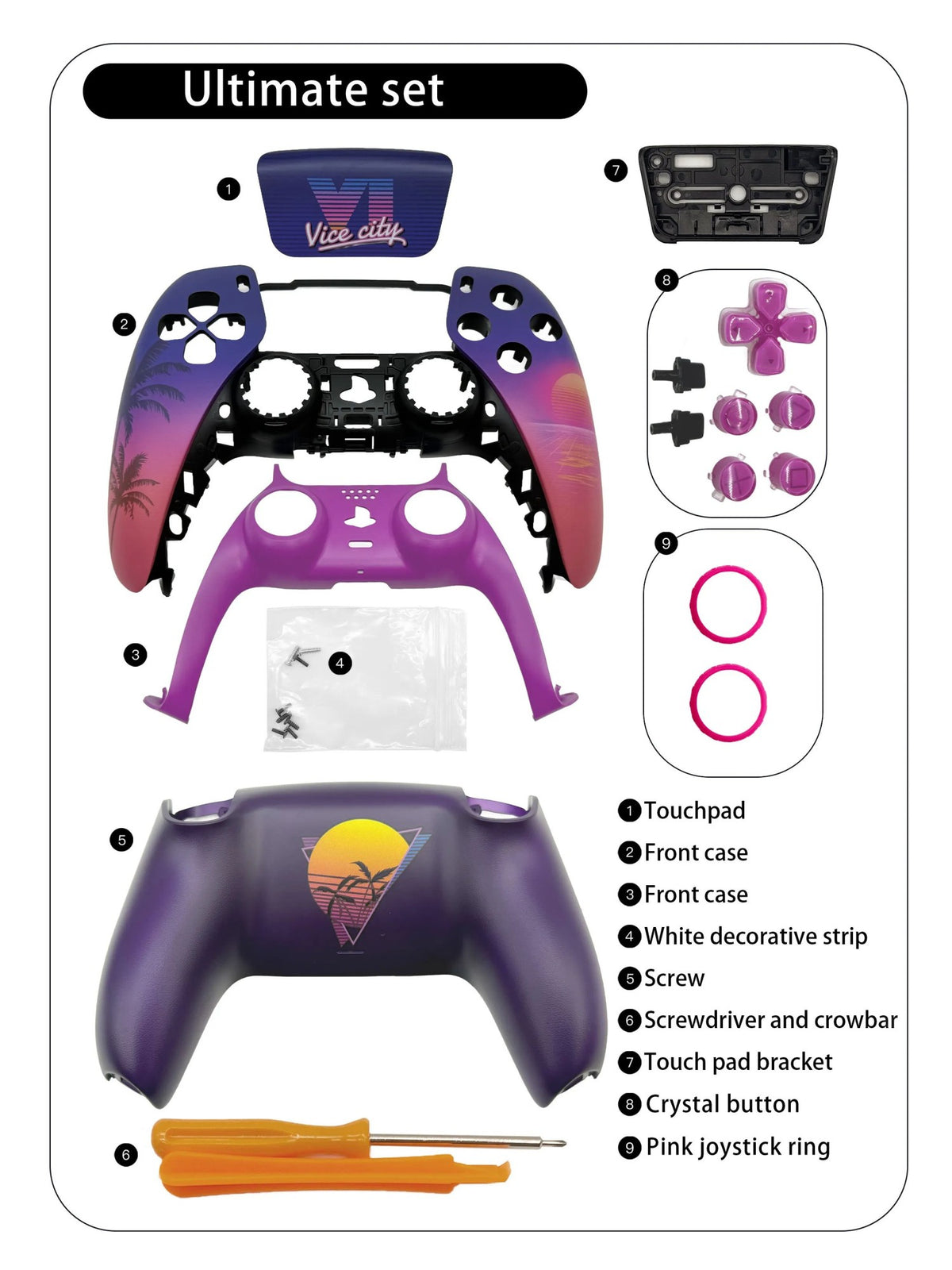 Sunset City PS5 Controller Shell Faceplate Cover with Touchpad Replacement for DualSense BDM-010 to BDM-060