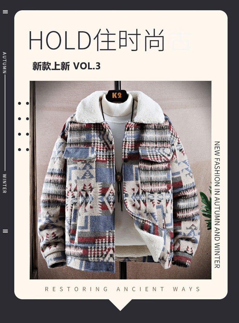 High-quality Woolen Jacket Men's Retro Print Casual Business Trench Coat Winter Keep Warm Short Overcoat Streetwear Men Clothing