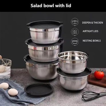 Silicone base thickened with lid cooking basin anti slip salad mixing bowl stainless steel egg beater bowl for kitchen baking