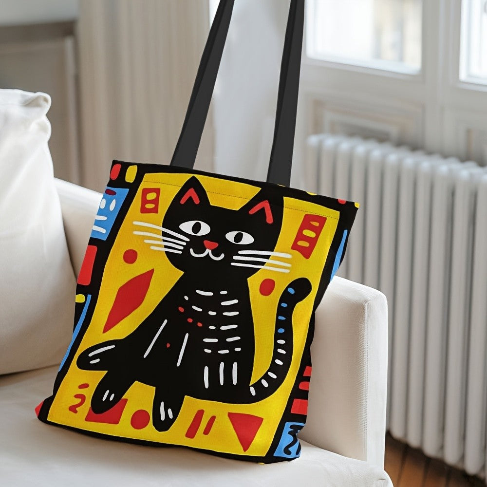 1pc Graffiti Cat Polyester Tote Bag, Durable Rectangle Shopping Bag, Ideal for Easter, Ramadan